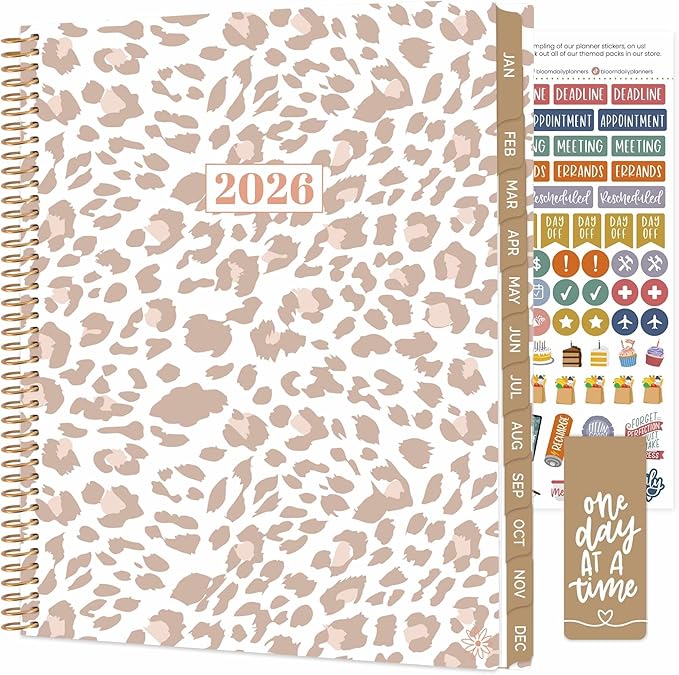 bloom daily planners 2026 Planner (January to December) - 8.5” x 11” Weekly & Monthly Dated Agenda Organizer Book with Stickers & Tabs - Flexible Soft Cover - Tan Leopard