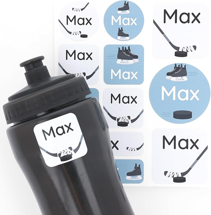 Large Name Labels for Kids (33) - Custom Stickers for Daycare and School Supplies - Durable, Waterproof Stickers for Water Bottles, Lunch Boxes, and More with Unique Designs - Hockey