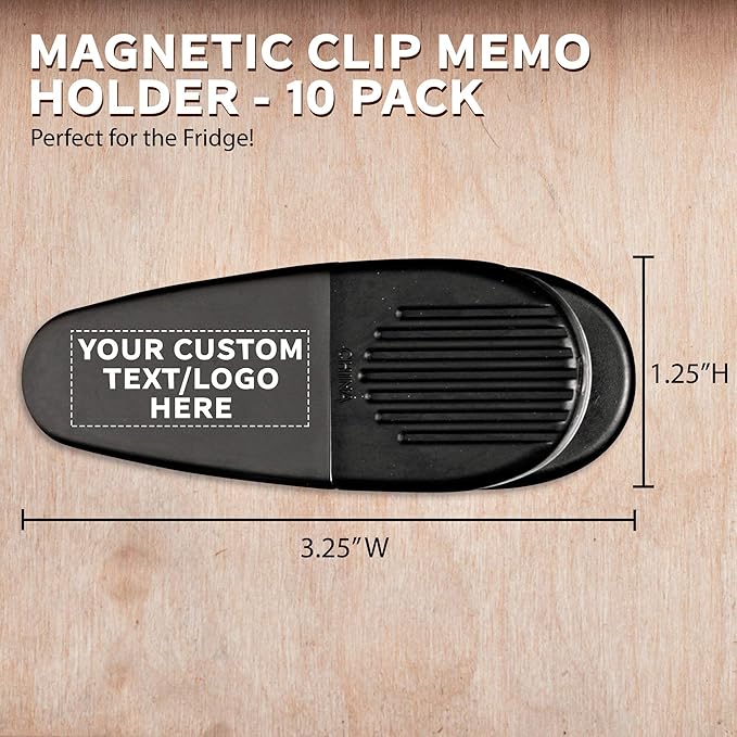 10 Magnetic Memo Holders Set - Customizable Text, Logo - Large Clip, Plastic - Black