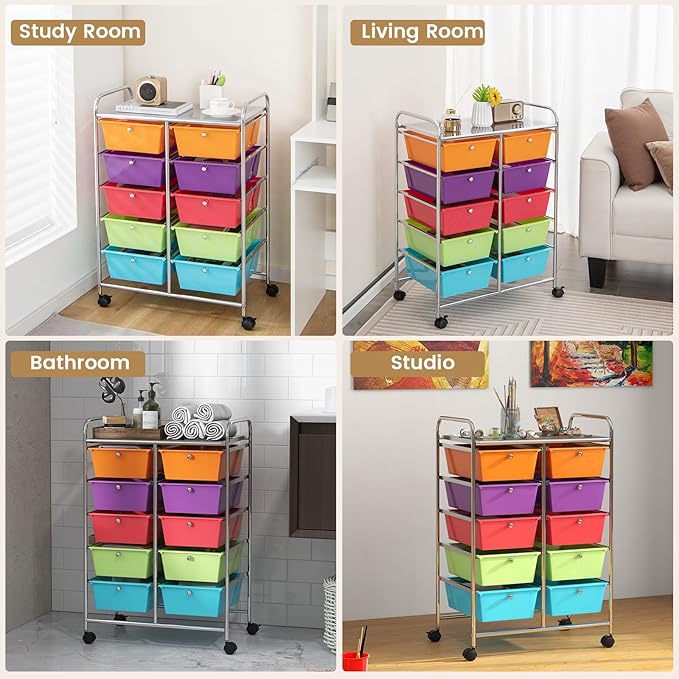 HAPPYGRILL 10-Drawer Rolling Storage Cart, Storage Organizer Cart with Lockable Wheels, Beauty Salon Movable Utility Cart for School, Office, Home, (Colorful)