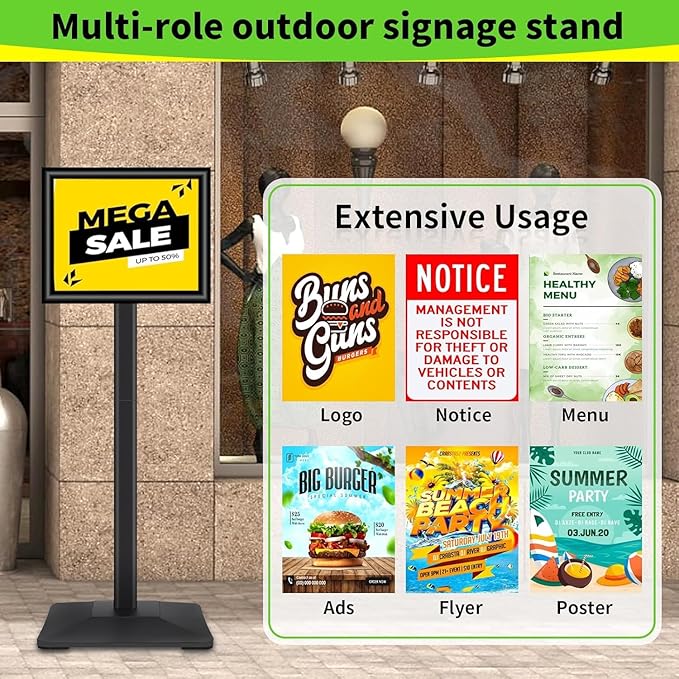 INNOVSIGN Heavy Duty Adjustable Pedestal Poster Sign Stand, 11x17 Aluminum Open Floor Standing Sign Holder for Vertical and Horizontal View Display, Black
