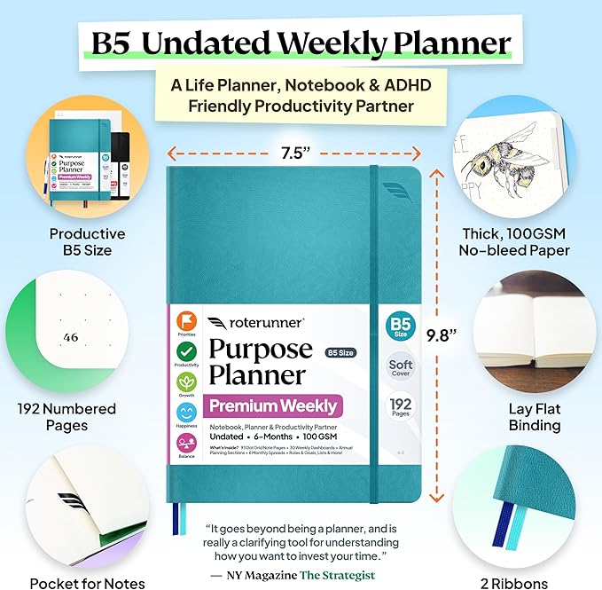 Roterunner Purpose Planner Notebook B5 7.5”x9.8” Undated 2026 Daily Weekly and Monthly Productivity Goal Setting Tool for Work Home ADHD Planner for Adults Self Care Journal