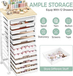 SYKIARIOL Rolling Cart with Drawers,12 Drawer Rolling Cart,Rolling storage cart with drawers,White Rolling Drawer Cart,Teacher Rolling Cart for Classroom Storage,Craft Cart with Wooden Tabletop