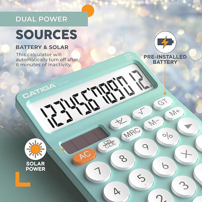 CATIGA 12 Digit Desktop Calculator Basic Desk Calculator with Large LCD Display, Big Buttons, 4 Function, Solar and Battery Dual Power, for Office, School, Home, SD-1292 Fresh Blue
