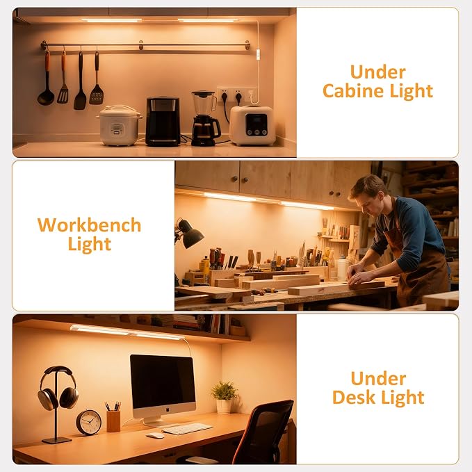 maylit Under Cabinet Lighting Plug in, 2Pcs 14 Inch Linkable Ultra Bright LED Light Bars, Renter Friendly Lamp, Wired 110V 120V Indoor Lights for Kitchen Cabinet, Counter, Workbench, Shelf, Warm White
