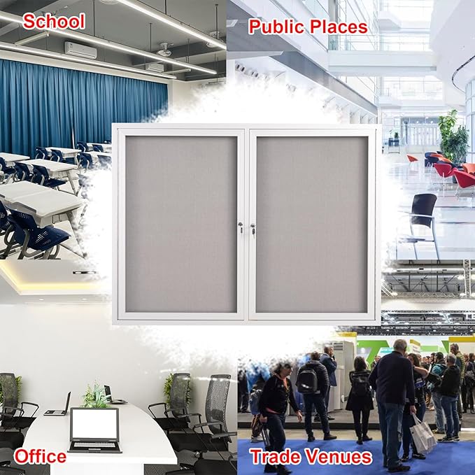 48x36 Inch Lockable Enclosed Bulletin Board, Weather-Resistant Outdoor Noticeboard with 2 Locking Doors, Wall-Mounted Silver Aluminum Frame & Grey Felt Presentation Board