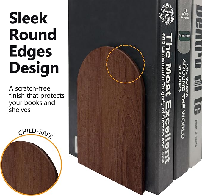 Brosisincorp Walnut Wood Book Ends for Shelves - Hand Polished Edges, Non-Skid Bookends for Heavy Duty Book Holders Office Desk Shelves Decorative Book Organizer, 6.69"H x 4.72"W x 3.94"L (2 Pairs)