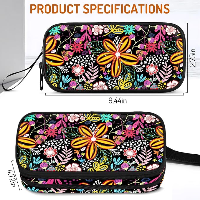Cute Pencil Case for Girls, Large Girls Pencil Pouch for School Supplies, Portable Floral Pen Bag, Aesthetic Pen Box with Zipper, 2 Compartments Stationary Organizer for Kids Teens Students Adults