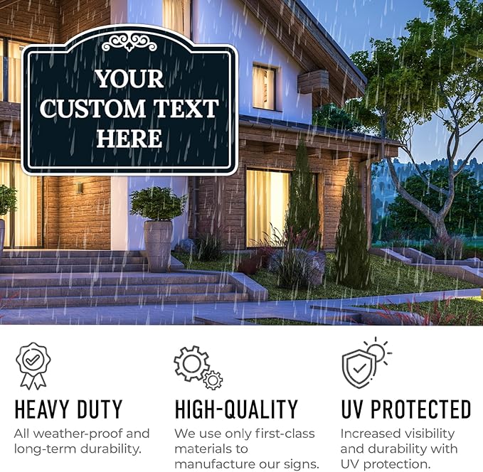 Custom Decorative Sign, Personalized Metal Sign for Business, Driveway, Home, Airbnb, Office Door Plaque, Black Background Sign, 14x10 Inches, ACM, Fade Resistant, Made in USA by Sigo Signs