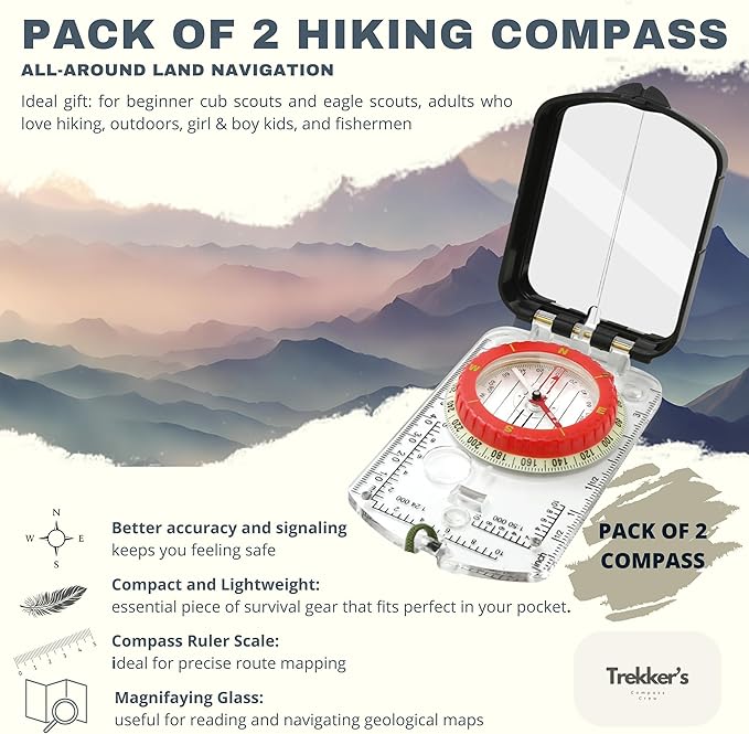 Trekker's Compass Crew Professional Military Lensatic Compass with Mirror, High-Precision Dial, Built-in Magnifier, Luminous Display for Hiking, Camping, Orienteering