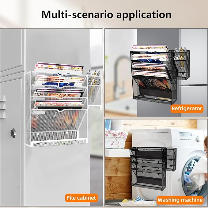 KZWKRG Magnetic File Holder, Magnetic File Organizer Wall Mount, 5 Tier Hanging Mail Organizer Folder Holder, Mesh Desk Accessories and Organizers, Paper Document Magazine Rack with 3 Pen Holder