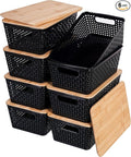 Anywish Storage Bins with Lids 8 Packs, Plastic Storage Bins with Bamboo Lids for Pantry Organization and Storage Containers for Shelves Drawers Desktop Closet Playroom Classroom Office Home, Black