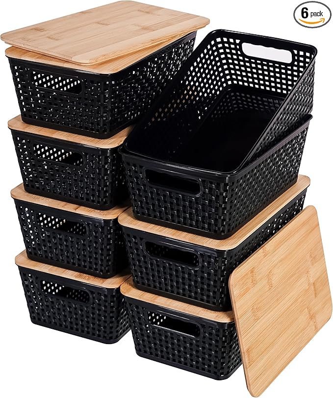 Anywish Storage Bins with Lids 8 Packs, Plastic Storage Bins with Bamboo Lids for Pantry Organization and Storage Containers for Shelves Drawers Desktop Closet Playroom Classroom Office Home, Black