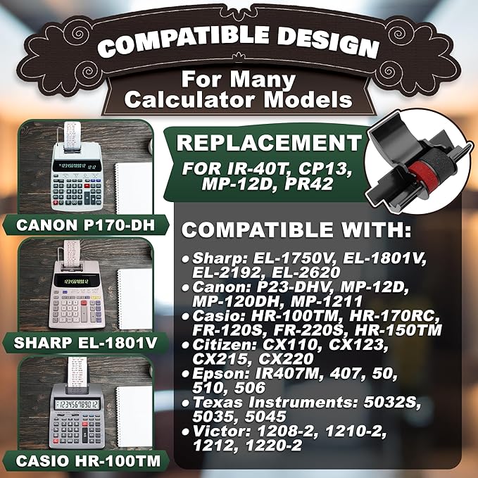 Calculator Ink Roller Black/Red Pack of 10 - Individually Sealed Calculator Ink Cartridge IR40T Compatible with Casio HR-170RC, HR-100TM / Canon P23-DHV, P170-DH3 / Sharp EL-1801V, EL-1750V & More