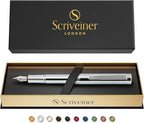 Scriveiner Silver Chrome Fountain Pen (Medium), Award Winning Luxury Pen, Heavy Pocket Pen, Chrome Finish, Schmidt Nib, Converter, Best EDC Writing Pen Gift Set for Men & Women, Nice Office Fancy Pen