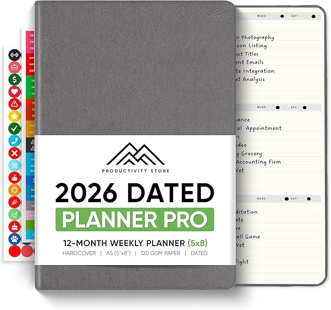 Dated, 2026 Planner, 5.8” x 8.3” - The #1 Productivity Planner to Achieve Your 2026 Goals - Planner 2026-2027 by PRODUCTIVITY STORE (A5, GREY)