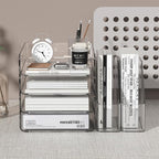 FANXIYQ 4-Tier Brown Acrylic Paper Tray Organizer for Desk + 2 Bookends – Stackable Letter Tray, Acrylic Desk Accessories/File Organizer, Office Paper Organizer