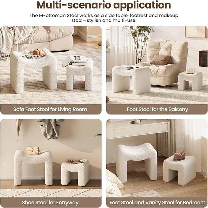 ZYKZYK Ottoman Set of 2, Plush Velvet Vanity Seats with Modern Foot Rest, Backless Stool Pair for Bedroom, Living Room & Makeup Dressing Table(2-in-1) White