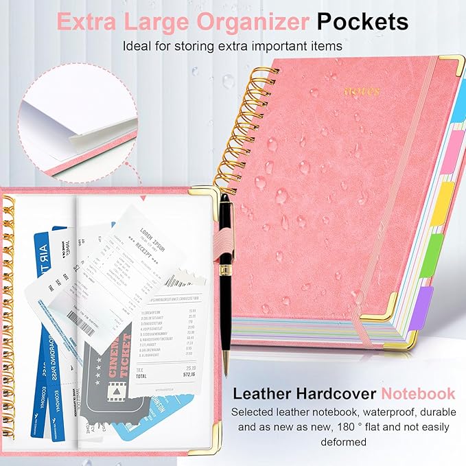 Hardcover Spiral Notebook 8"x10" Journal Notebook with Tabs and Removable Dividers 300 Pages 5 Subject Notebook College Ruled, Faux Leather Spiral Bound Notebook for Women School Work (Pink)