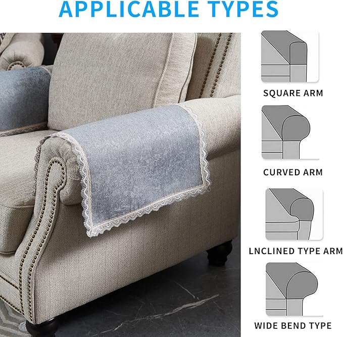 MINJIATEX Couch arm Covers,Non-Slip lace Sofa arm Covers Set of 2 Washable Sofa armrests Covers for Living Room Recliner Chair arm Cover Protectors for Leather Sofa armrest slipcover (GYDF-Grey)