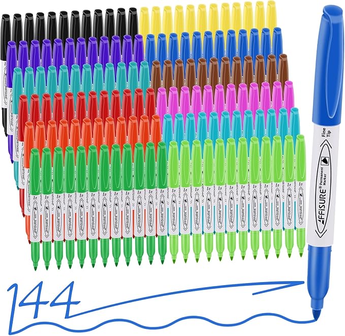 Affisure 12 Colors Permanent Markers， 144 Pack colored marker sets, Assorted Colors Marker，Fine Point， Permanent Markers Bulk, Fast Dry, Waterproof, work on Plastic, Glass, Metal, Wood and Stone