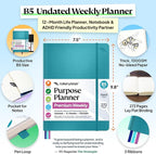 Roterunner Purpose Planner Notebook B5 7.5”x9.8” 12 Month Undated 2026 Daily Weekly and Monthly Productivity Goal Setting Tool for Work Home ADHD Planner for Adults Self Care Journa (Teal)