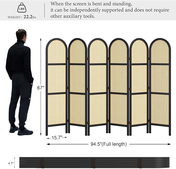 Svimi Room Dividers and Folding Privacy Screens, 5.6 Ft Double Hinged Rattan Partition Freestanding Wall Room Divider for Home - 6 Panels (Black)
