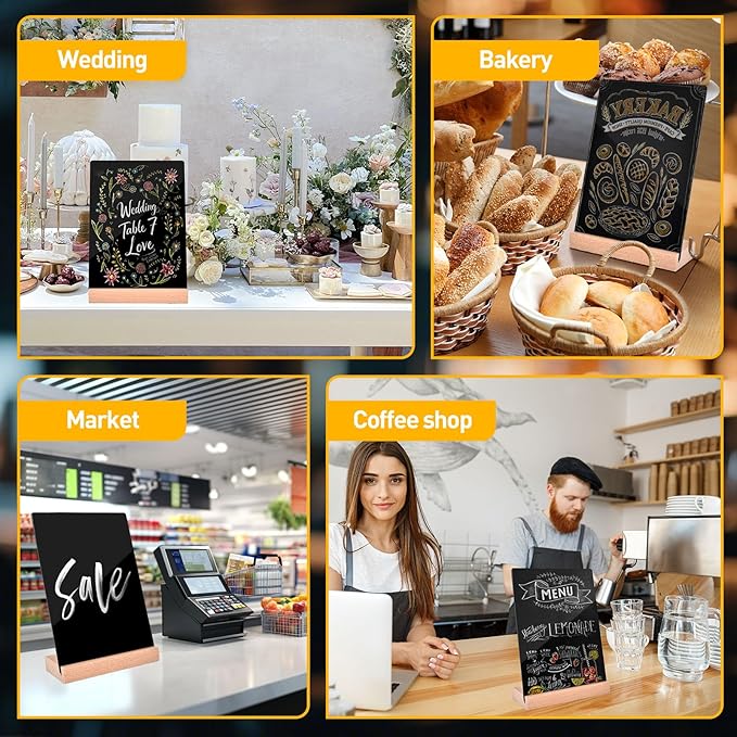 Pintuson 4 Pack Mini Chalkboard Signs - 8x6 inch Acrylic Chalk Board - Small Chalkboard Signs with Beech Base - Double Sided Blackboard for Display Menus, Food Signs, Message Boards, Table Numbers