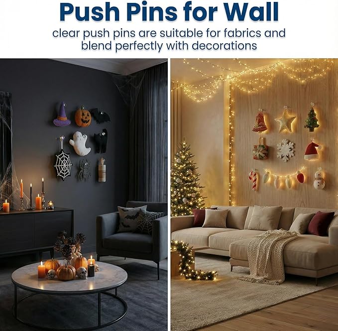 Push Pins 200Pcs Thumb Tacks: Clear Push Pin for Bulletin Board - Plastic Head & Steel Point - Reusable Cork Board Thumbtacks for Wall Map Posters Picture Hanging Home Office School