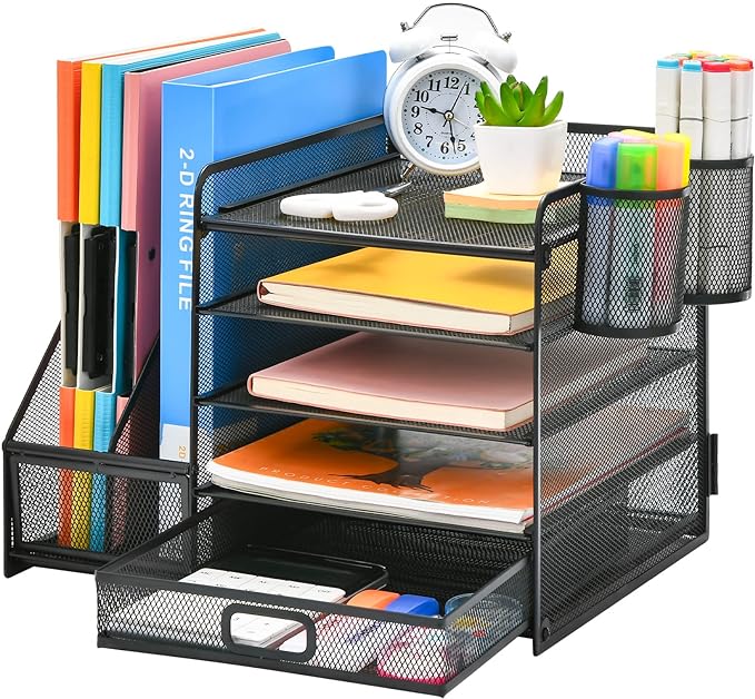 Marbrasse Desk Organizer with File Holder, 5-Tier Paper Letter Tray Organizer with Drawer and 2 Pen Holder, Mesh Desktop Organizer and Storage with Magazine Holder for Office Supplies(Black)