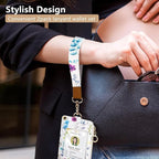bolimoss 2-in-1 ID Badge Holder & Lanyard Wallet for Womens Cute Floral Zipper Wallet with Removable Wrist & Neck Lanyard, Clear Window, 5 Card Slots, Ring Keychain for Worker Teacher Nurse Couriers