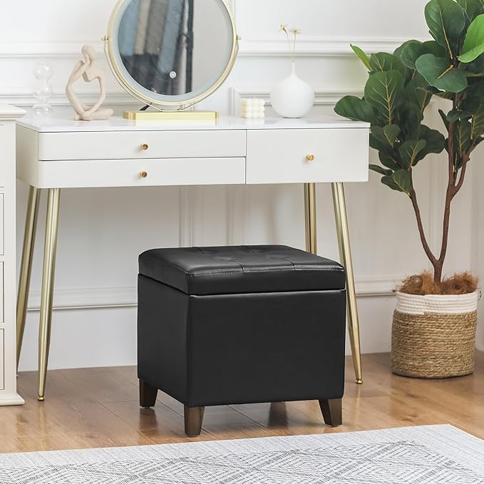 Homebeez Black Tufted Faux Leather Storage Ottoman Square Cube Foot Rest Stool with Flip Top