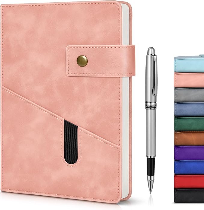 vfaejll Pink A5 Lined Leather Journal Notebook for Men Women,5.9" X 8.4" Personalized Hardcover Journal with Pen,200 Pages 100 Gsm Thick Ruled Paper Daily Diary for Travel,Business,Work,Writing
