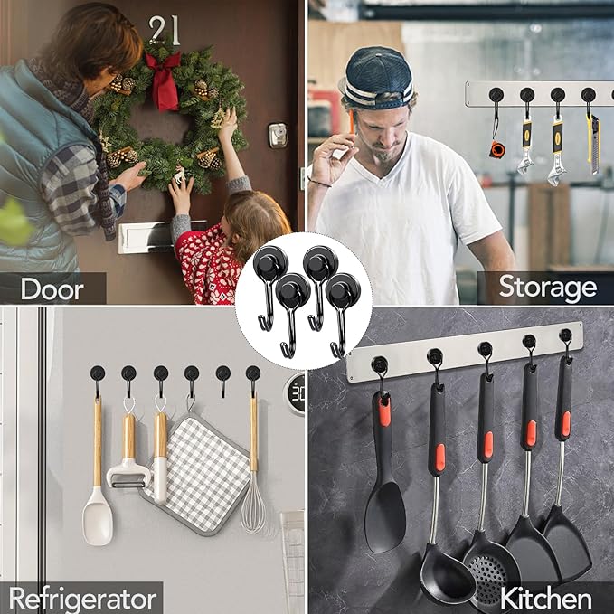 MIKEDE Strong Magnetic Hooks, 40LBS Black Swivel Swing Hooks Heavy Duty, Rare Earth Magnets with for Fridge, Grill Cruise Cabins, Hanging, Kitchen - 28 Pack