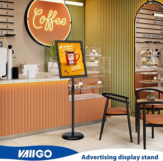 VAIIGO 2Pack 8.5x11 Inch Adjustable Pedestal Poster Sign Stand, Heavy Duty Floor Standing Sign Holder Stand Aluminum Snap Open Frame for Vertical and Horizontal View Sign Displayed(Black)