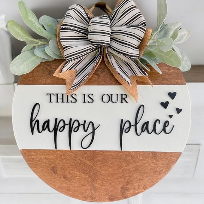 Wood front door sign Wood sign Home decor Welcome sign Sign for front door House warming gift Wedding gift (Happy place-DS001(A6) S003, 22" Width)