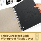 SUNEE Spiral Notebook, 1-Subject, College Ruled Paper, 8" x 10-1/2", 100 Sheets per Notebook, 3-Hole Punched Paper, Water Resistant Cover, Double-sided Pockets, Spiral Lined Notebooks for Work, Black