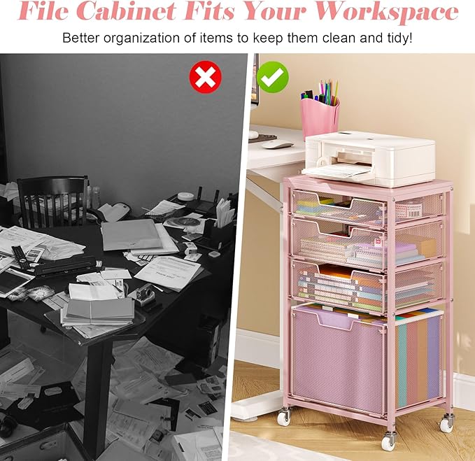 Sbanmao 4 Drawer Rolling File Cart Under Desk Storage, File Cabinets for Home Office, Mobile Filing Cabinet, Hanging File Organizer with Wheels, Utility Cart Printer Stand, Pink (Patent Pending)