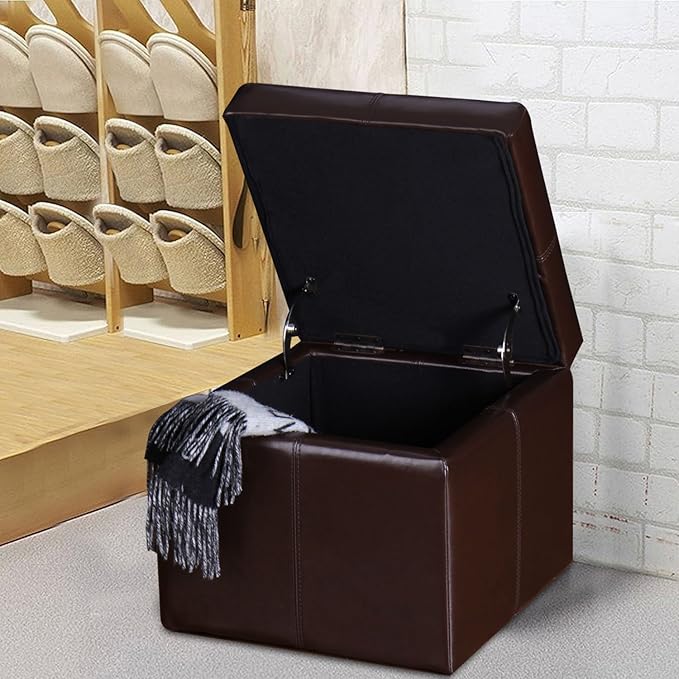 Adeco Faux Leather Cube Storage Ottoman, Brown Ottomans for Living Room, Bedroom