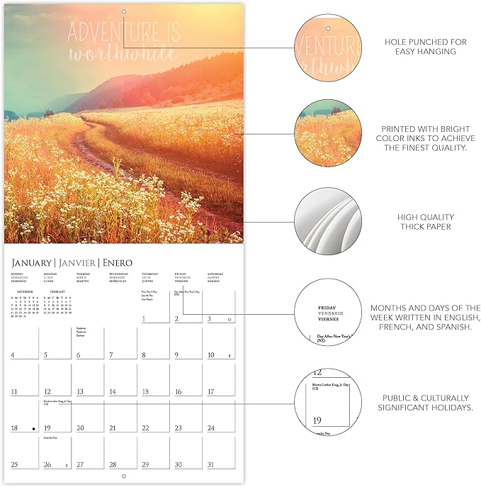 Graphique 2026 Wanderlust Wall Calendar | 12” x 12” | Thick Paper | Home & Office Organizer | Large Monthly Grid | 3 Languages & Marked Holidays | 4 Month Preview Page for 2027