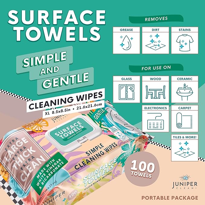 Juniper CLEAN 6 Packs Surface Cleaning Wipes Bleach Free, Thick & Large Dispose, All-Purpose Cleaner for Bathroom, Kitchen, Office, 600 Count Soft Flow, Biodegradable, Juniper Scent