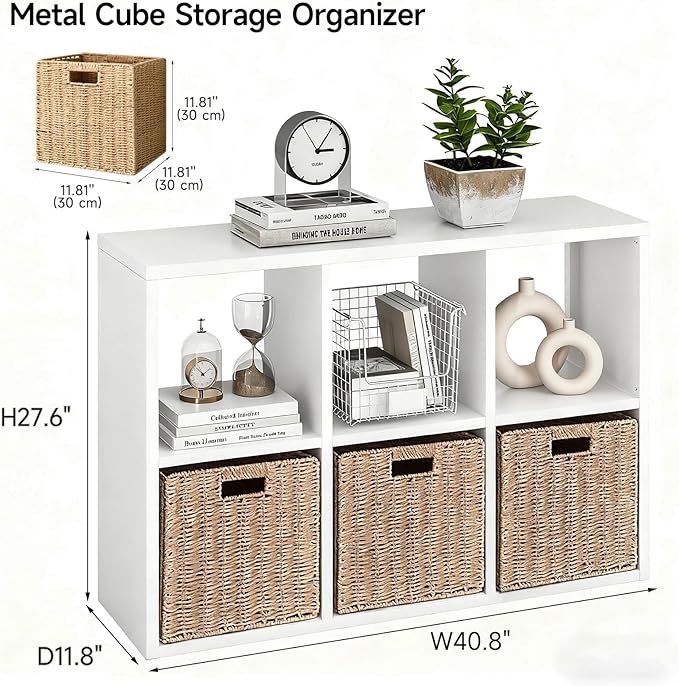 IRONMIX Metal 6 Cube Storage Organizer with 2 Storage Basket, White Short Bookshelf with Storage, 2-Tier Horizontal Bookshelf Cube Shelf for Home Office, Library, Classroom (White, 1037 with Basket)