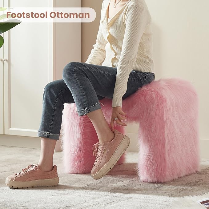 ZYKZYK Modern Vanity Stool Ottoman, Backless Faux Fur Small Footstool for Makeup Room, Living Room, Bedroom, Entryway Portable and Comfortable Seating (Single Piece) Pink