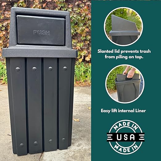 Sturdy Essentials Campus Collection 32 Gallon Square Slatted 100% Recycled Plastic Heavy-Duty Commercial Outdoor or Indoor Trash Can with Push Top Lid | Great for Schools and Businesses - Blue