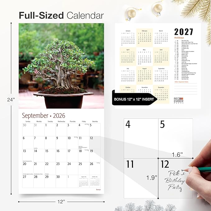 RED EMBER Bonsai 2026 Wall Calendar 12 Month | 12" x 24" Open | Thick & Sturdy Paper | Holiday Gift | Nature Calendar 2026