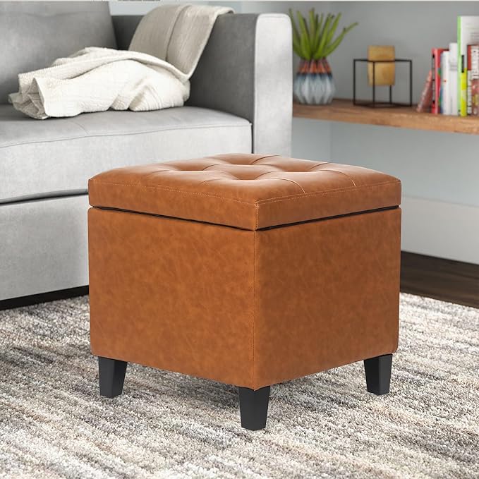 Homebeez Tufted Faux Leather Storage Ottoman Square Cube Foot Rest Stool with Flip Top, Orange