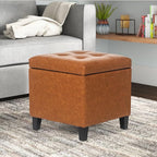 Homebeez Tufted Faux Leather Storage Ottoman Square Cube Foot Rest Stool with Flip Top, Orange