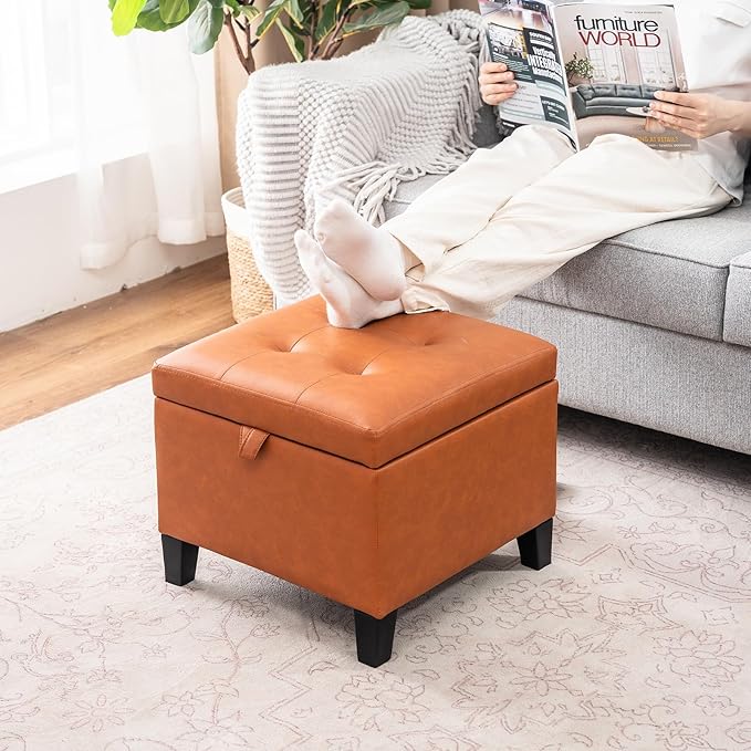 Asense 17 Inch Storage Ottoman Foot Rest,Square Faux Leather Foot Stool,Small Ottoman with Storage,Padded Seat for Entryway,Living Room,Bedroom,Couch,Under Desk,Cognac Brown
