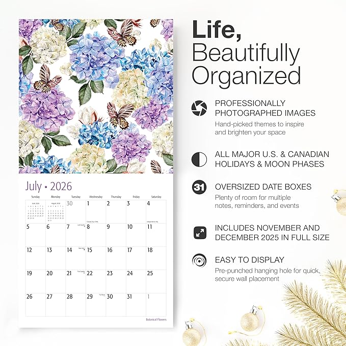 RED EMBER Botanical Flowers 2026 Wall Calendar 12 Month | 12" x 24" Open | Thick & Sturdy Paper | Holiday Gift | Art Nature Calendar 2026