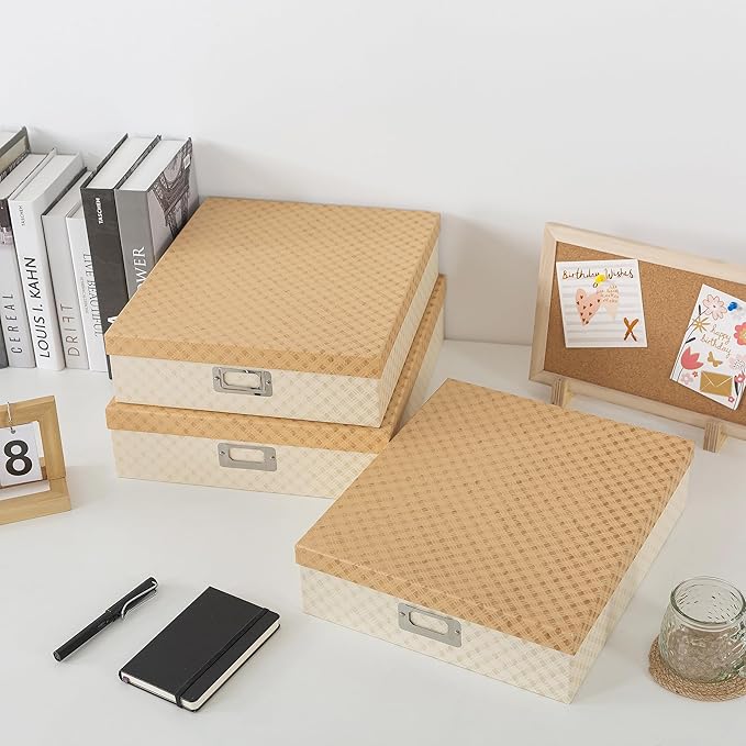 Soul & Lane Decorative Storage Boxes with Lids for Organizing, Set of 3 Jumbo Scrapbook Letter Storage Boxes for Documents, Photos, Keepsakes, Memories, Geometric Check
